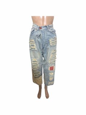 Magnolia Pearl Light Blue Distressed Cropped Patchwork Jeans